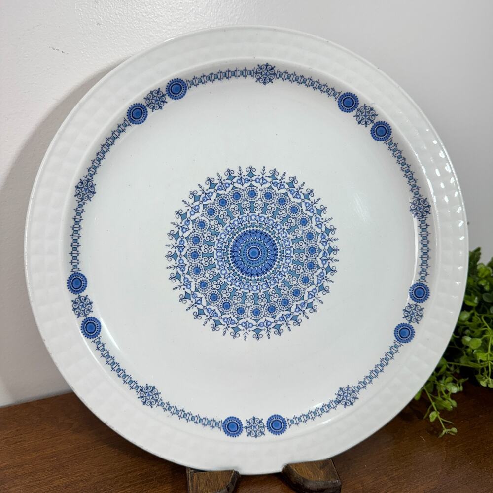 Vintage Pontesa Spain Ironstone Blue Geometric Dinner Plate 10" Rim Chip R81